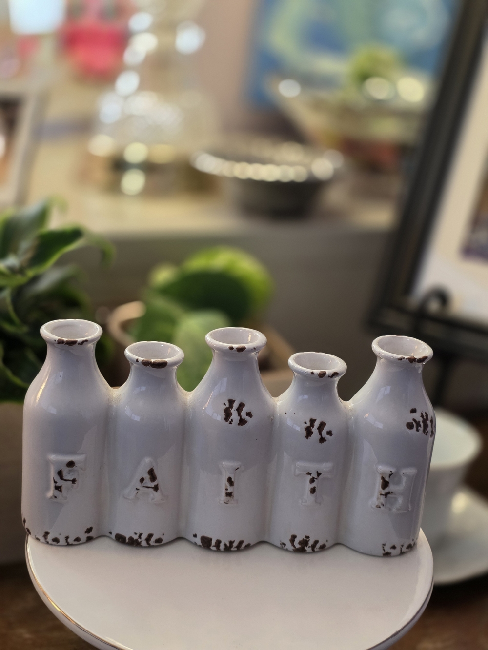 Distressed White Ceramic 'Faith' Bottle Vase Set